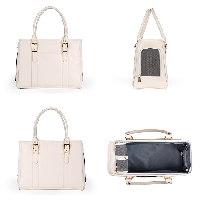 Fashion Pet Carrier Dog Purse Cat Bag Soft-Sided Carriers Travel Airline Approved, Stylish Leather Tote Handbag for Small Animal Puppy Kitten (White)-PurrikoPets