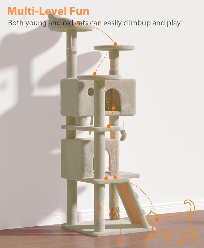 60'' Cat Tree Tower for Indoor Cats Large Adult,Cute/Tall Modern Cat Tree for Big Cats 20 lbs, Plush Multi-Level Cat Condo with Scratching Posts, Dangling Ball Indoor (Beige, 60 inch)-PurrikoPets