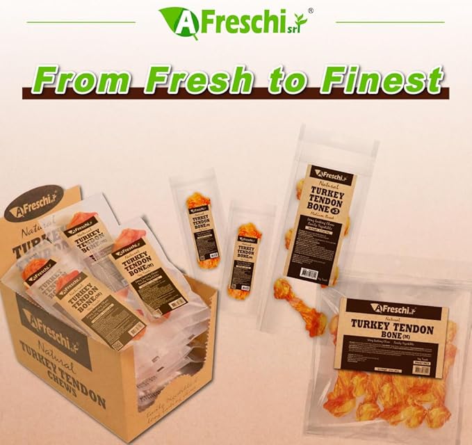 Afreschi Natural Turkey Tendon Bone (M) 10 oz, USA-Sourced Turkey Tendon, All Natural Puppy Chew, Hypoallergenic, Rawhide Alternative, for Medium Breeds-PurrikoPets