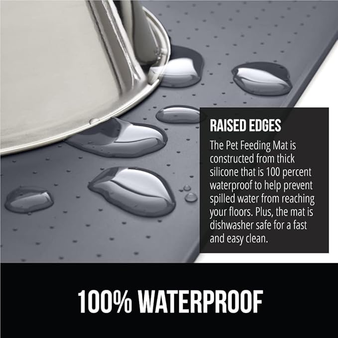 GORILLA GRIP 100% Waterproof Raised Edge BPA Free Silicone Pet Feeding Mat, Dog Cat Food Mats Contain Spills Protects Floors, Placemats for Cats and Dogs Water Bowl, Pets Accessories 18.5x11.5 Gray-PurrikoPets