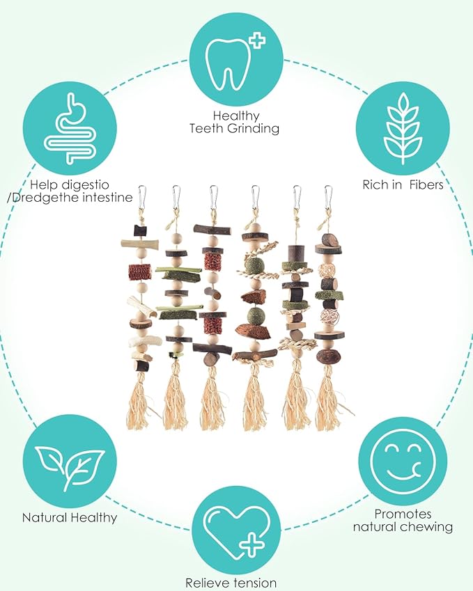 6PCS Bunny Chew Toys, Hamster Rabbit Cage Hanging Chew Toys, Natural Apple Wood Bunnies Treats, Improve Small Animal Teeth Health for Guinea Pig Chinchilla Ferret Rats Gerbil-PurrikoPets