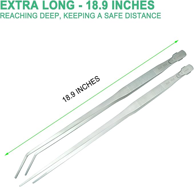 2pcs 18.9 inch Aquarium Tweezers with Hanger, 2025 New Extra Long Feeding Tongs, Stainless Steel Large Aquascape Tools for Fish Tank, Terrarium，Aquascaping, Reptile Snake (Curved & Straight)-PurrikoPets
