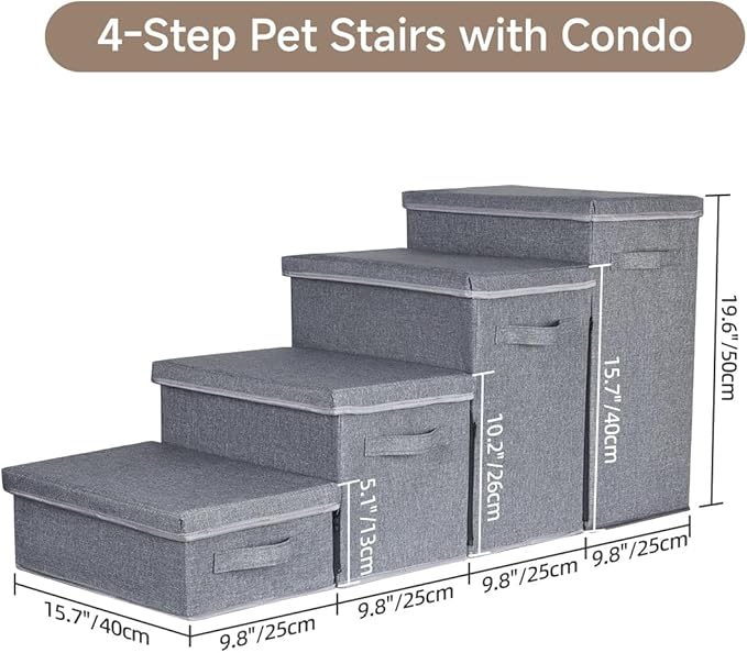 Dog Stairs with Storage, 4-Step Folding Pet Steps for Small Dogs and Cats, Pet Steps Storage with Zip, Pet Stairs for High Bed, Couch and Car Ramp (Gray, 4 Steps no Condo)-PurrikoPets