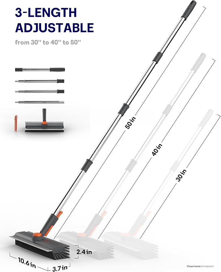 Floor Scrub Brush with Long Handle, 3 in 1 Multi-angle Swivel Right Angled Bristle Floor Scrubber Brush with Squeegee and Tweezer for Cleaning Tile Wall Deck Bathroom Patio Garage Kitchen (Grey)-PurrikoPets