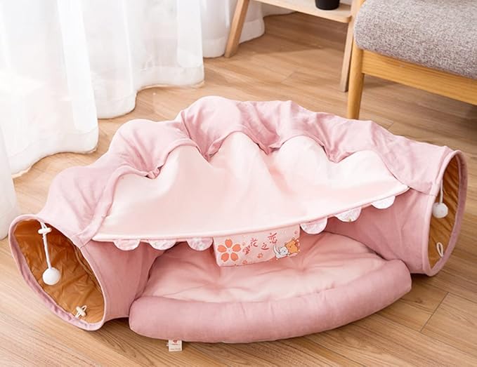 2 in 1 Cat Tunnel Bed Tube with Cushion and Plush Ball Toy Playground Crinkle Collapsible for Large Cats Kittens Kitty Puppy Small Dog Foldable Soft Pet Play Bed Indoor Outdoor- Pink Cat Tunnel Bed-PurrikoPets