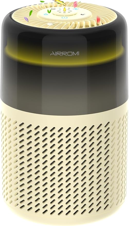 AIRROMI Air Purifier for Bedroom Home,HEPA Filter,Covers Upto 549 Ft²,Quiet 360°intake Air Cleaner with Fragrance ponge for Better Sleep,Night Light,Filters Smoke,Pet Dander,Allergies,Dust,A2005Yellow-PurrikoPets