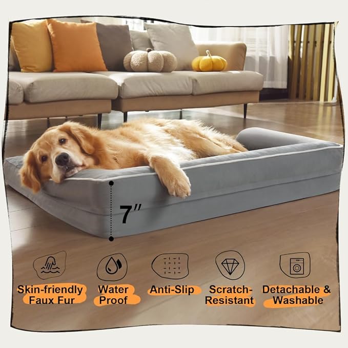 Extra Large Dog Bed-Orthopedic Waterproof XL Dog Bed for XLarge Extra Big Dogs - Foam Couch Sofa Washable with Removable Cover-Grey-PurrikoPets