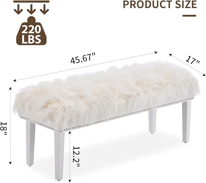 46 Inch White Bedroom Bench, Modern Multi-Purpose Bench with Wooden Legs, White Faux Fur Upholstered Bench for Bedroom, Living Room, or Entryway-PurrikoPets