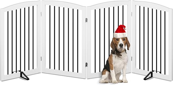 Freestanding Pet Gate - Foldable Wooden Dog Gate, 80 Inch Wide, 4 Panels, White-PurrikoPets