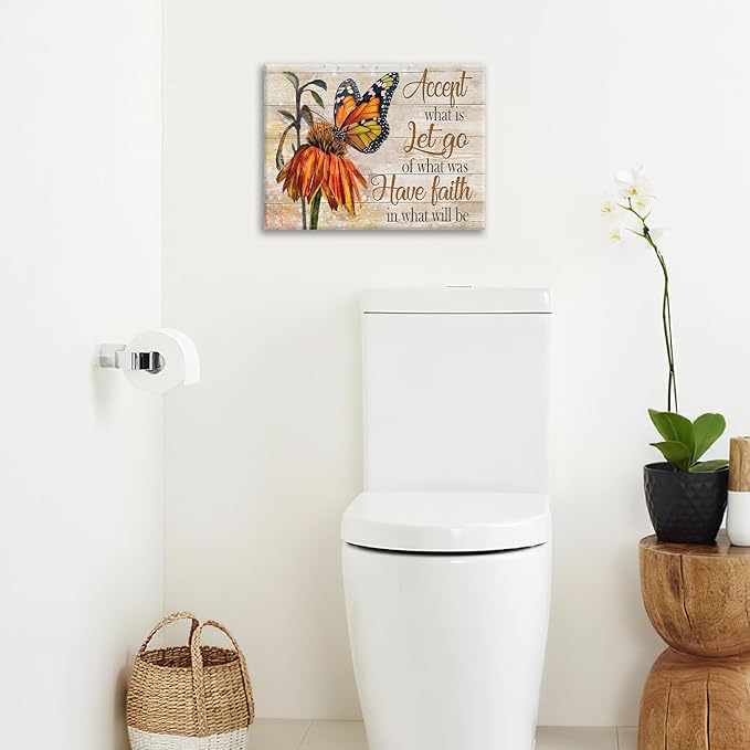 Farmhouse Butterfly Bathroom Pictures Wall Art, Rustic Floral Country Bathroom Wall Decor, Daisy Inspirational Framed Painting Canvas Artwork for Bedroom Living Room Decorations 20"L x 16"W-PurrikoPets