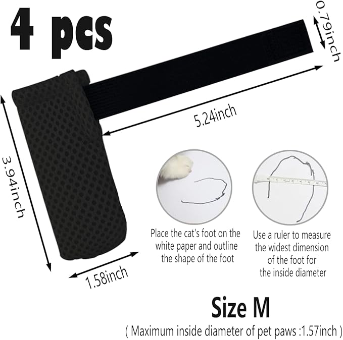 4 PCS Cat Mittens to Prevent Scratching,Mesh Breathable Cat Shoes,Adjustable Cats Anti Scratch Gloves,Suitable for Cats When Bathing and Nail Trimming(M,Black)-PurrikoPets