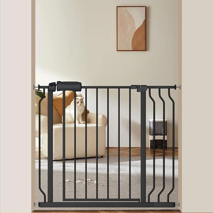 Extra Wide Baby Gate Black 34-38.5 Inch Wide Walk Through Pressure Mounted No Drill Long and Large Tension Metal Gate for Dog and Toddler-PurrikoPets
