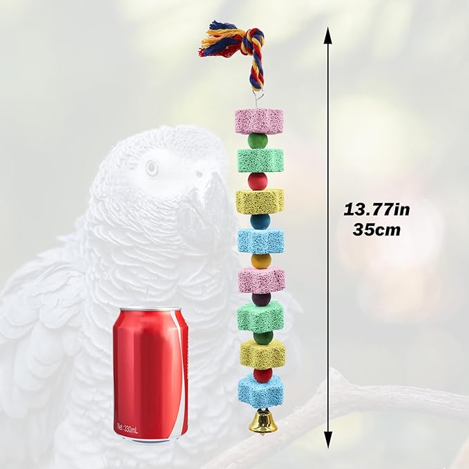 2 Pack Mineral Block Chew Toys with Colorful Beads and a Bell, Bird Beak Grinding Stone, Cage Accessories for African Grey, Budgies, Cockatiels, Small to Medium Birds-PurrikoPets