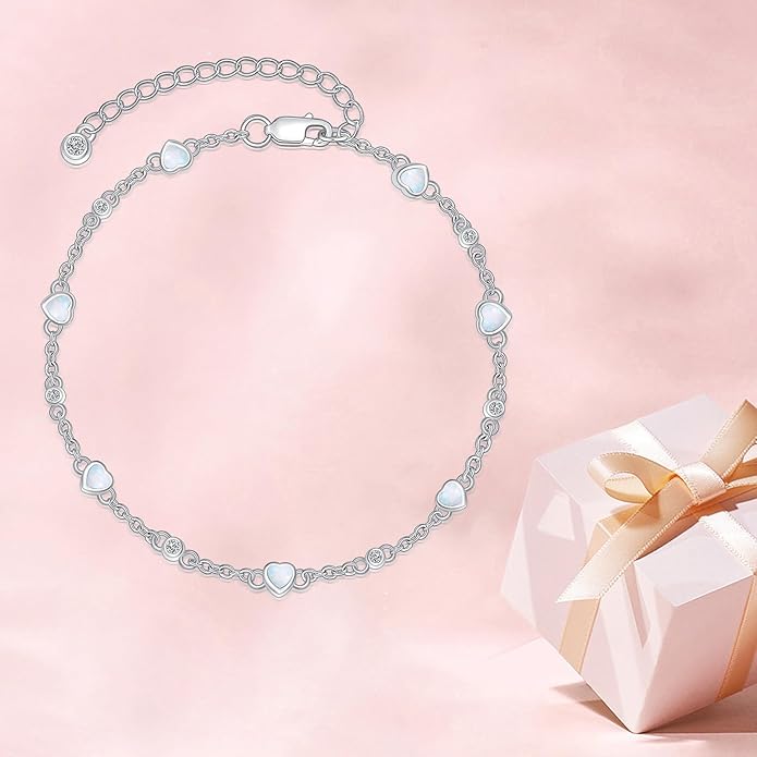 Anklet Bracelet for Women 925 Sterling Silver Natural Stone Chain Ankle Bracelet Beach Summer Fine Jewelry Valentines Day Birthday Gifts for Her Mom Wife