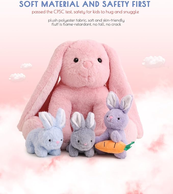 5 Pieces Rabbit Stuffed Animals for Girls,1 Mommy Rabbit with 4 Babies,Plush Bunny Stuffed Toy Gifts for Kids Children 3 4 5 6 7 8 9 Years,Soft Stuffed Bunny for Christmas,Birthday,Party Decorations-PurrikoPets