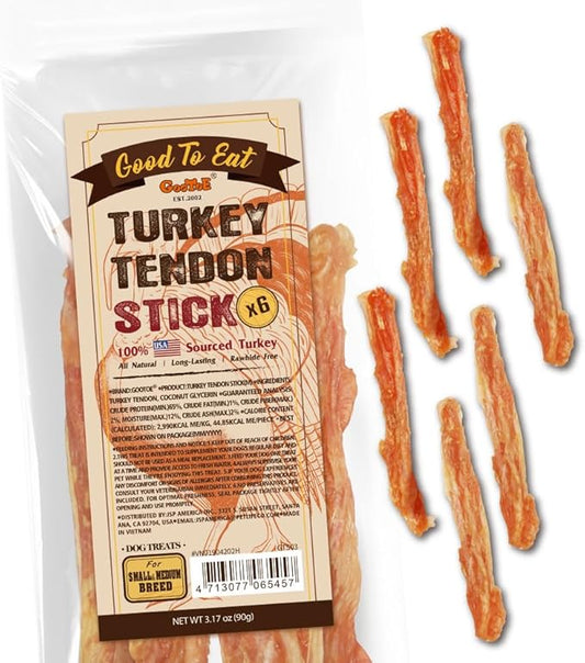 Gootoe Turkey Tendon Dog Treats, Stick (M) 3.17 oz, USA-Sourced Turkey Tendon, Natural Snack, Premium Puppy Chews, Hypoallergenic, Rawhide Free, Reseal Value Bags, Size for Medium Dogs-PurrikoPets