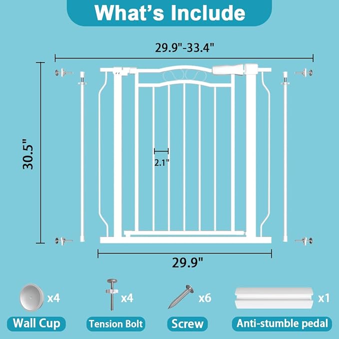 29.9-33.4 in Wide Baby Gate for Stairs Doorways, Auto Close Child Safety Gates Indoor for Dogs Pets, Pressure Mounted Metal Barrier Kids Toddler Door Walk Through, 30" Tall, White-PurrikoPets