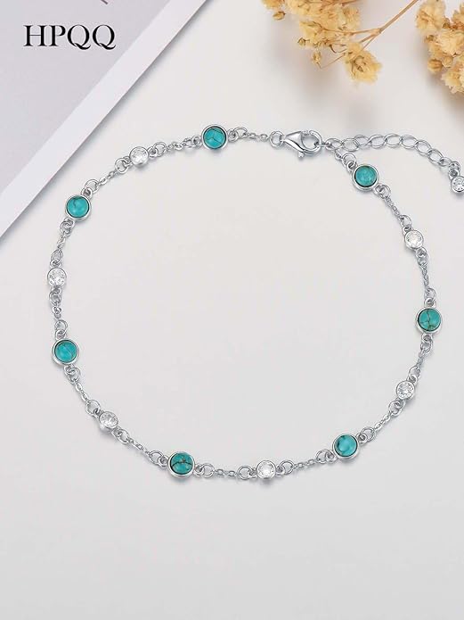 Anklet Bracelet for Women 925 Sterling Silver Natural Stone Chain Ankle Bracelet Beach Summer Fine Jewelry Valentines Day Birthday Gifts for Her Mom Wife