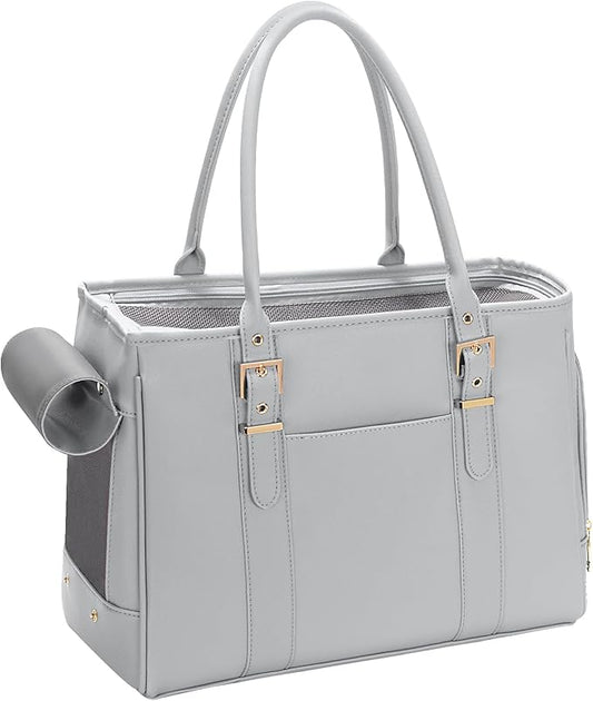 Fashion Pet Carrier Dog Purse Cat Bag Soft-Sided Carriers Travel Airline Approved, Stylish Leather Tote Handbag for Small Animal Puppy Kitten (Grey)-PurrikoPets