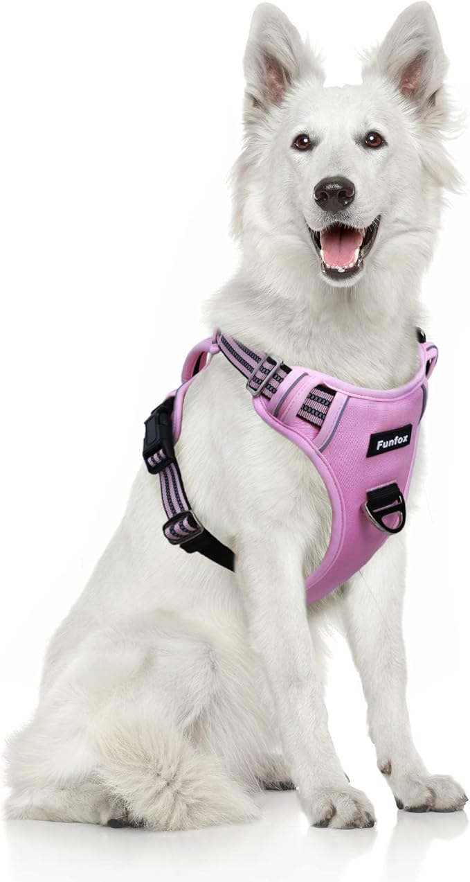 Funfox Dog Harness No Pull, Adjustable Pet Vest Harness, Super Soft Material with Vertical Handle Easy Control, Reflective Night Walking, 2 Leash Clips for XLarge Dogs, Pink, XL-PurrikoPets