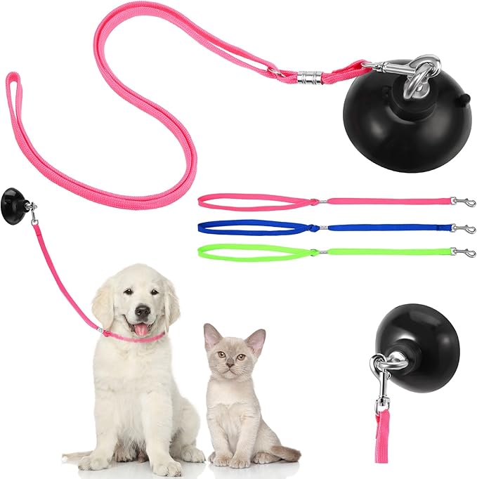 Frienda 4 Pieces Dog Bathing Tether with Suction Cup Pet Dog Grooming Tub Restraint Loops and Adjustable Cat Fixed Safety Rope for Pet Shower Bathing Grooming(Blue Pink Bright Green)-PurrikoPets