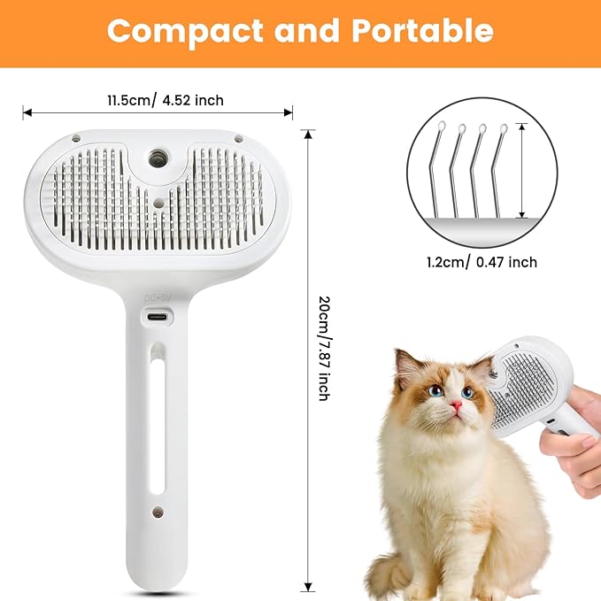 3 in 1 Cat Steam Brush, Pet Steam Brush for Cat Dog Long Short Haired, Pet Spray Hair Removal Comb for Small Animals Shedding & Grooming, Water Mist Spray Brushes with Release Button(White)-PurrikoPets