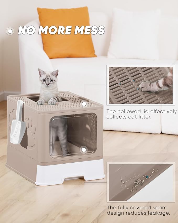 Enclosed Cat Litter Box, Large Litter Box for Big Cats, Covered Kitty Litter Boxes with Lid, Top Entry Cat Box Enclosure with Scoop, Odor Control, Easy to Clean(Coffee)-PurrikoPets