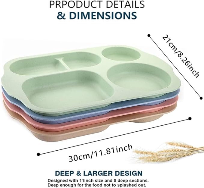 12 Inch Divided Plates4 PCS - Reusable Unbreakable Wheat Straw Plates, Dinnerware Lunch Tray Plates Tableware for Kitchen, Picky Eaters, Campers and Portion Control (Blush)-PurrikoPets