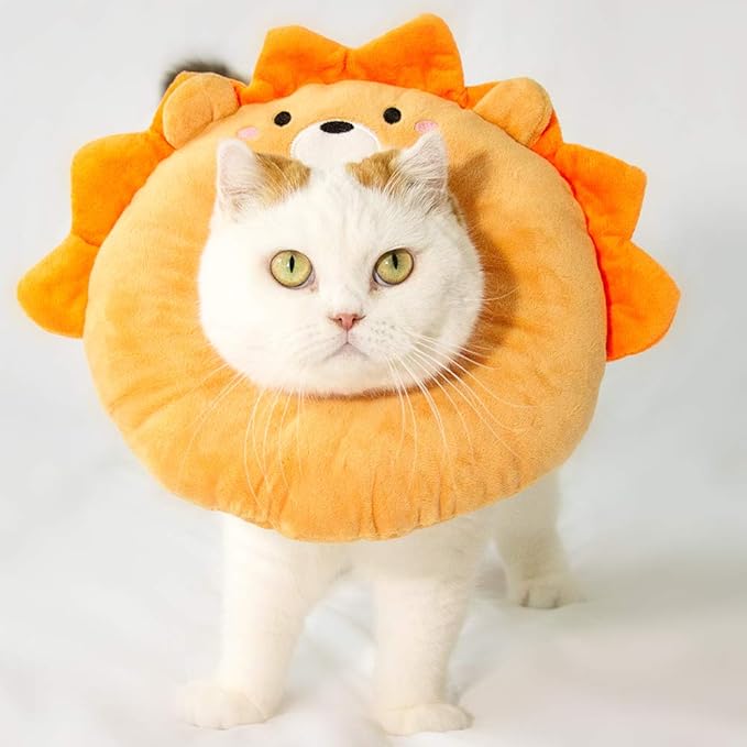 Adjustable Cat Recovery Collar Soft,Cute Pet E-Collar Neck Cone After Surgery Wound Healing Protective Cone Fit for Kitties, Small Dogs(ELC05-lion-m)-PurrikoPets
