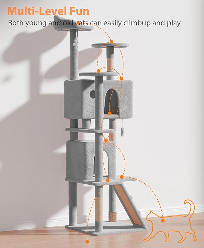 77'' Cat tree Tower for Indoor Cats Large Adult,Cute/Tall Modern Cat Tree for Big Cats 20 lbs,Plush Multi-Level Cat Condo with Scratching Posts,Dangling Ball for fun play(Light Gray, 77 inch)-PurrikoPets