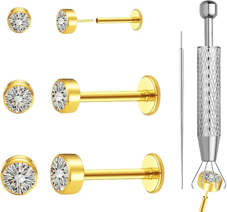 Delicate Moissanite & Titanium Threadless Flat Back Studs - 6-Piece 20G Labret Set for Nose, Helix, Cartilage, Conch, and Lip Piercings for Women & Men