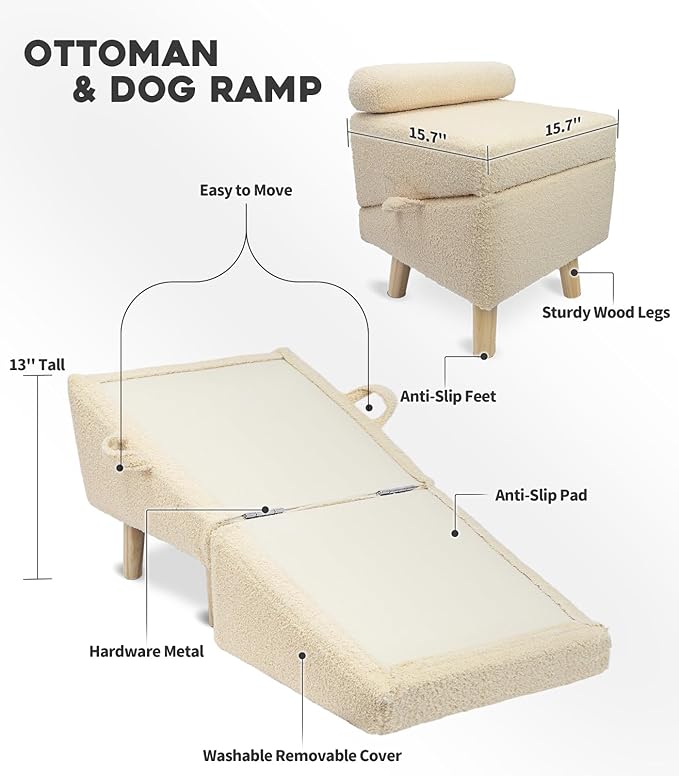 Dog Stairs for Small Dogs and Cats – 2-in-1 Dog Ramp for Bed and Couch, 16.5'' Foldable Wooden Pet Steps, Sturdy Multi-Use Split Ottoman Design, Beige-PurrikoPets