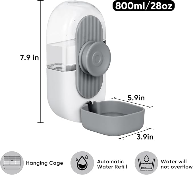 28oz Hanging Automatic Water Dispenser，Rabbit Water Bottle,Bunny Guinea Pig Ferret Water Bowl for Cage,Suitable for Small Animal Puppies(Cage Grid Spacing Over 1.2'') (Gray)-PurrikoPets