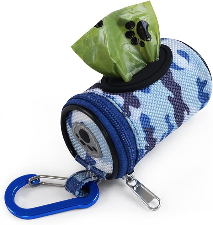 Dog Poop Bag Holder for Leash Doggie Waste Bag Dispenser Puppy Potty Carrier Small Doggy Zipper Pouch with Carabiner Clip 1680D Nylon Oxford with 1 Roll of Pet Trash Bags, Sky Blue Camo-PurrikoPets