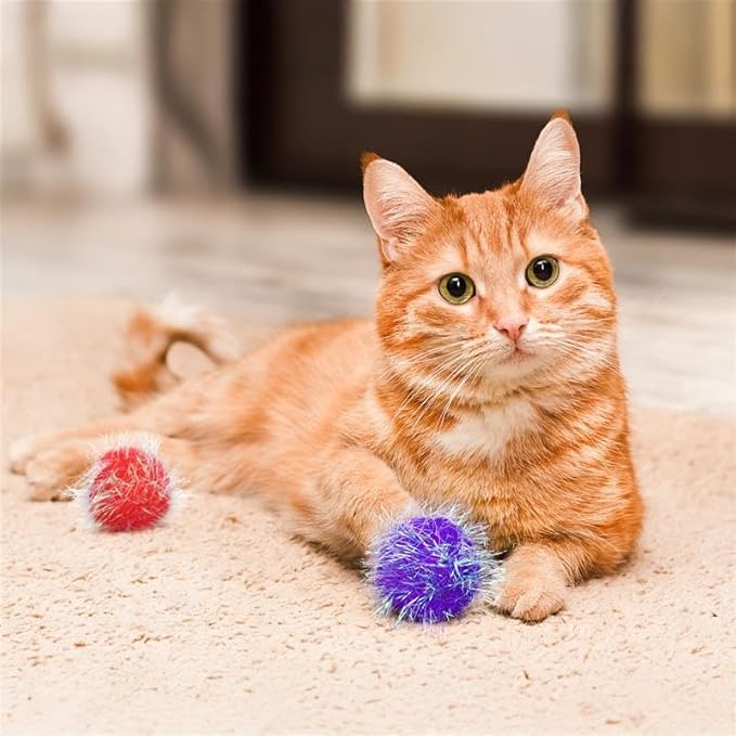 30 Pieces 1.6 inches Sparkle Pom Pom Balls for Cat - Interactive Glitter Balls, Multicolor, Best as Kitten Play Toys-PurrikoPets
