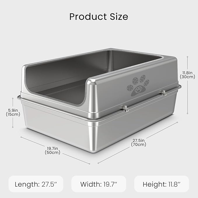 Enclosed Stainless Steel Cat Litter Box with Lid, Oversize Metal Litter Box for Multi Cats, Extra XXL Cat Toilet with High Side, Non-Stick, Anti-Leakage, Odorless, with Cat Litter Mat & Litter Scoop-PurrikoPets