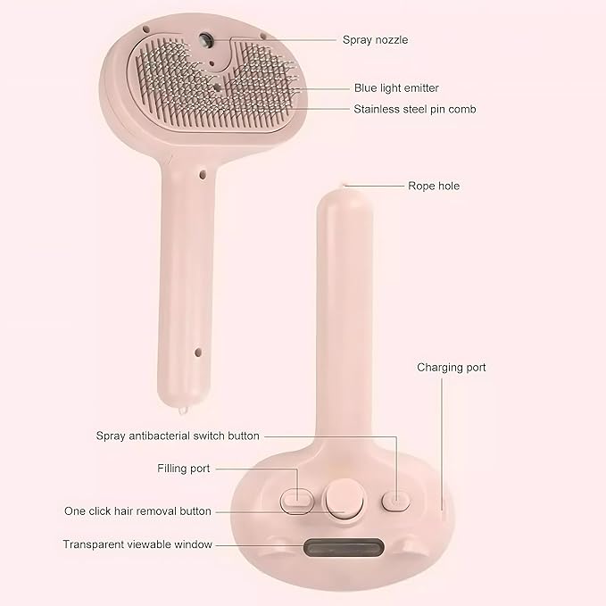 4 in 1 Cat Steam Brush: steam brush for cats, Grooming, Shedding, Mist Spray, Hair Removal Comb & Massager, USB Rechargeable Self Cleaning cat steam brushes for indoor cats - Pink-PurrikoPets