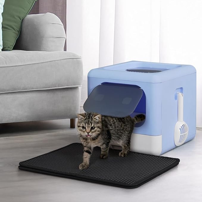 Foldable Cat Litter Box w/Lid, Scoop & Mat, Drawer Design Cat Toilet for Kitten, Two-Way Entry Kitty Litter Box, Odor Control & Easy to Clean, Blue-PurrikoPets