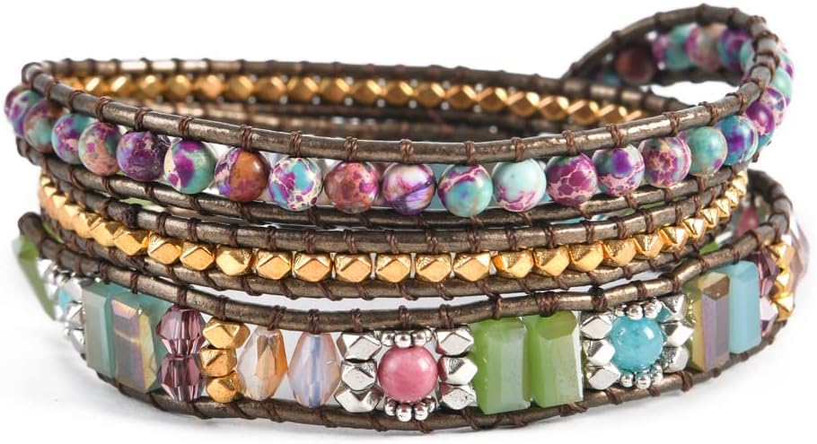 YGLINE Boho Handmade Wrap Leather Tube Crystal Stone Bracelet for Women