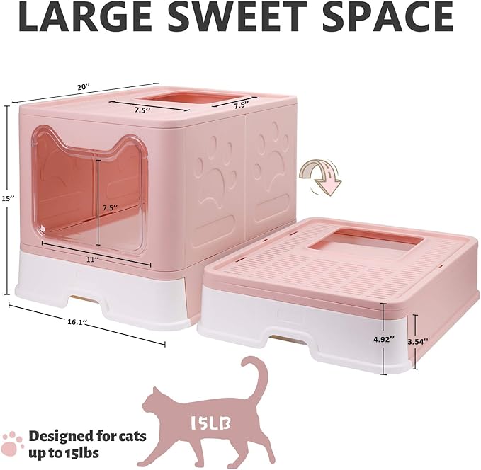 Foldable Cat Litter Box with Lid, Enclosed Potty, Large Top Entry Anti-Splashing Toilet, Easy to Clean Including Litter Scoop and 2-in-1 Cleaning Brush (Pink)-PurrikoPets