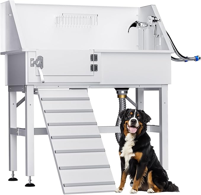 Dog Washing Station for Home, 38" White Professional Stainless Steel Dog Grooming Tub, Height Adjustable Dog Bathing Station, Upgrade Parts, Dog Bath Tubs for Small & Medium Dogs(Left Ramp)-PurrikoPets
