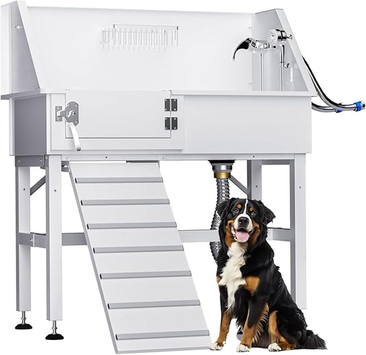 Dog Washing Station for Home, 38" White Professional Stainless Steel Dog Grooming Tub, Height Adjustable Dog Bathing Station, Upgrade Parts, Dog Bath Tubs for Small & Medium Dogs(Left Ramp)-PurrikoPets