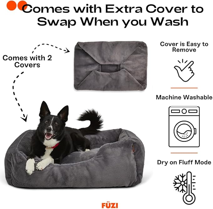 FUZI Luxury Aesthetic Dog Bed with Extra Cover for Large Dogs, Washable Pet Couch, Pet Bed with Sides, Non-Slip Bottom, Soft and Durable Calming Dog Bed, Faux Rabbit Fur, Large 35.6x28.5x9.5 Dark Grey-PurrikoPets