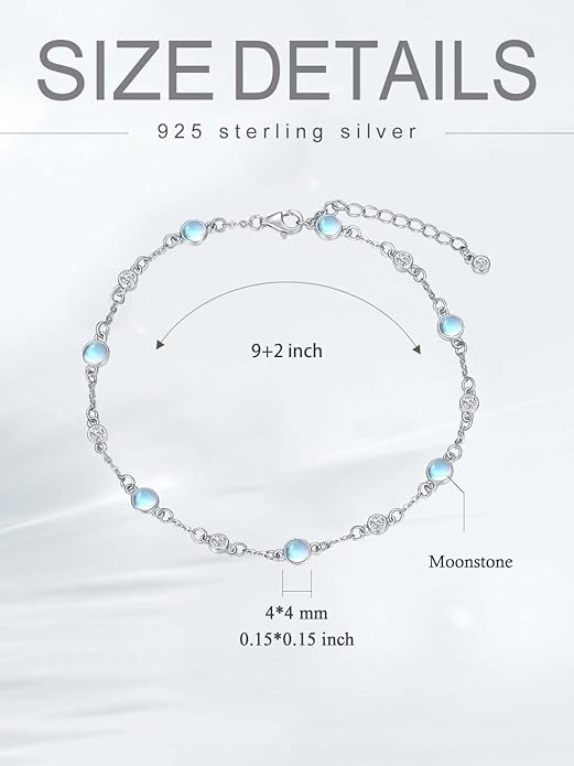 Anklet Bracelet for Women 925 Sterling Silver Natural Stone Chain Ankle Bracelet Beach Summer Fine Jewelry Valentines Day Birthday Gifts for Her Mom Wife