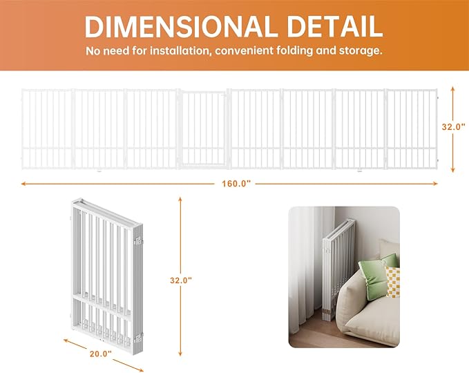 Full Metal Freestanding Dog Gate with Door, 32''Height Foldable Pet Dog Fence for Indoor & Outdoor, 8 Panels Extra Wide Free Standing TallDog Gates for Doorways,House,Stairs,Porch,Deck,Yard-PurrikoPets
