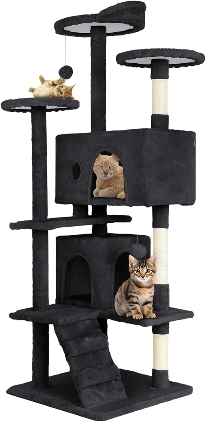 54.7 inches Cat Tower for Indoor Cats, Multi-Level Cat Condos with Scratching Posts, Hanging Toys, Dark Gray-PurrikoPets