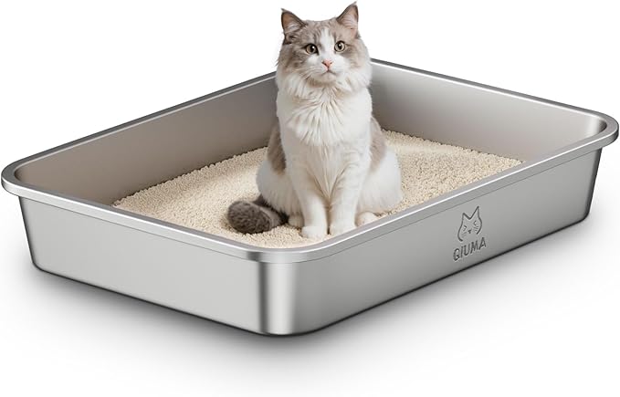 Extra Large Stainless Steel Cat Litter Box, 27.5" L×19.6" W×3.9" H, XXL Metal Kitty Litter Pan with High Sides, Odor-Free, Non-Stick, Easy to Clean, Ideal for Big Cats & Multi-Cat-PurrikoPets