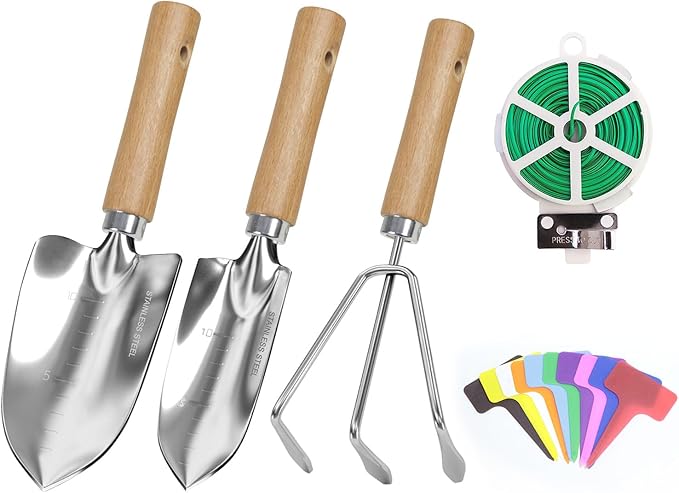 Garden Tool Set, 3 Pieces Gardening Kit with Garden Plant Twist Tie and Plastic Plant Tag, Stainless Steel Heavy Duty Garden Tools with Wooden Handle, Gardening Gifts for Women-PurrikoPets