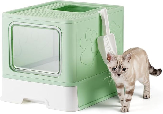 Enclosed Cat Litter Box, Large Litter Box for Big Cats, Covered Kitty Litter Boxes with Lid, Top Entry Cat Box Enclosure with Scoop, Odor Control, Easy to Clean(Green)-PurrikoPets