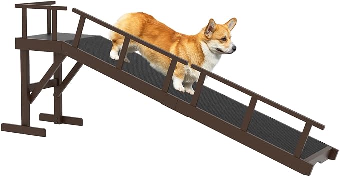 73" Dog Ramp for Bed, Pet Ramp with Removable Side Rail and Non-Slip Surface, Pet Ramp for Small & Large & Senior Dogs with Rest Platform and DIY Glow Strips,Dog Stairs for Couch, Brown-PurrikoPets